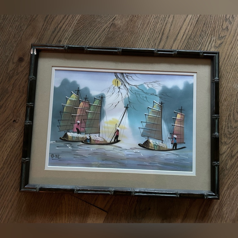 Vintage Asian Silk Painting framed sea junk sailboats fishermen water Scene MCM